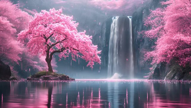 Magical landscape ith Waterfall and sakura tree with pink blossom cherry like sakura flower in the forest. Beautiful fantasy nature design waterfall flowing mp4