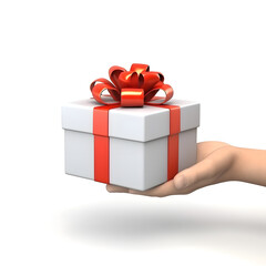 a hand holding a gift box, isolated on white