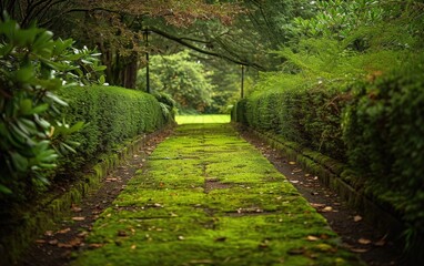 Mansion Estate Moss Pathway. A moss-covered pathway in the expansive grounds of a mansion estate