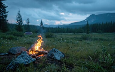 Meadow Campfire Scene: A campsite in a quiet meadow, complete with a crackling campfire, providing a soothing atmosphere away from urban life