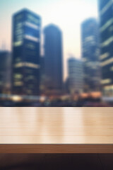 Wooden table corporate office bokeh background, empty wood desk surface product display mockup with blurry abstract business city view work backdrop advertising presentation. Mock up, copy space.