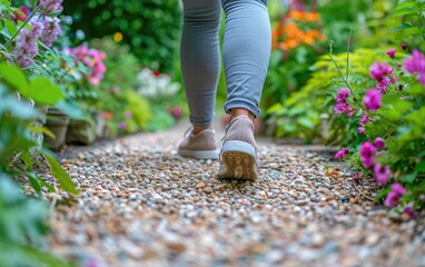 A woman practicing mindful walking meditation in a garden, promoting awareness of each step