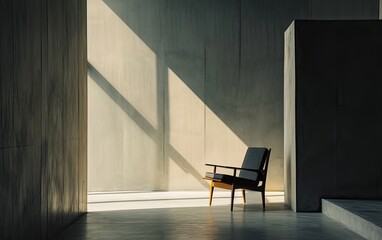 A single chair sits bathed in the warmth of afternoon sunlight filtering through a window, casting geometric shadows on the floor of a sparse, minimalist room.