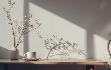 Serene Morning Light Shining on a Simple Table Setting With Vase and Cup