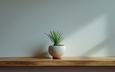 Sunlight Streaming Through the Window on a Potted Plant on a Wooden Ledge