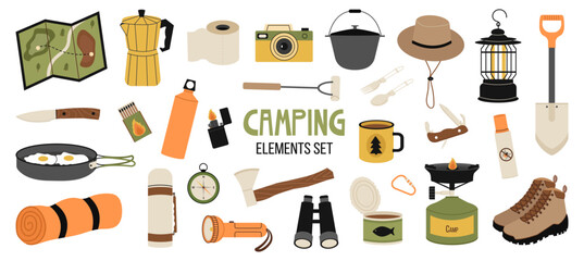 Camping and hiking stickers set. Vector hand drawn illustration collection of outdoor recreation elements: cartoon chair, boots, tent, map, backpack, binoculars, spade, axe, knife, frying pan, guitar  - obrazy, fototapety, plakaty