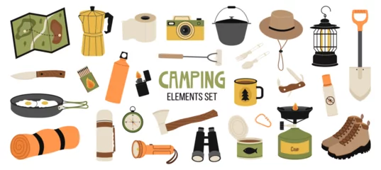 Fotobehang Camping and hiking stickers set. Vector hand drawn illustration collection of outdoor recreation elements: cartoon chair, boots, tent, map, backpack, binoculars, spade, axe, knife, frying pan, guitar  © JuulDu