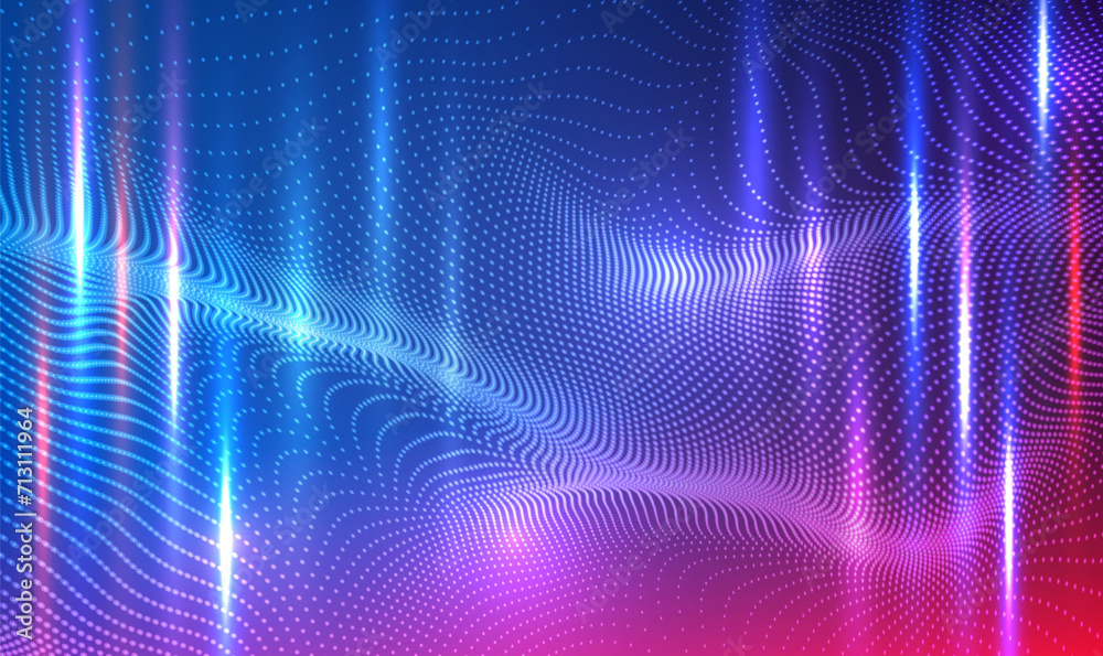 Poster abstract waving 3d particle technology background. abstract wave moving dots flow particles, hi-tech