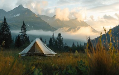 Mountain Tent Getaway: A tent pitched in the serene mountains, offering a restful retreat away from the hustle and bustle of civilization - obrazy, fototapety, plakaty