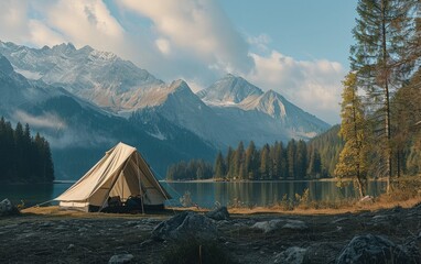 Mountain Tent Getaway: A tent pitched in the serene mountains, offering a restful retreat away from the hustle and bustle of civilization