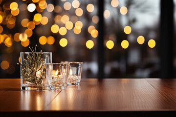 Wooden home table bokeh background, empty wood desk cafe tabletop surface product display mockup with blurry living room or city abstract backdrop advertising presentation. Mock up, copy space.