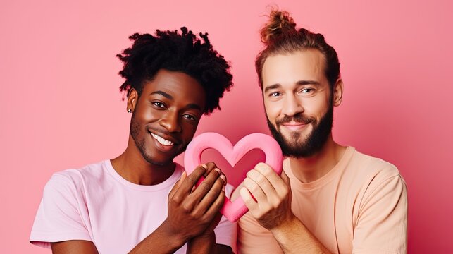 Two men making a heart shape with their hands over pink background.