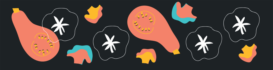 Cute appetizing Vegetables collection. Decorative abstract horizontal banner with colorful doodles. Hand-drawn modern illustrations with Vegetables, abstract elements.