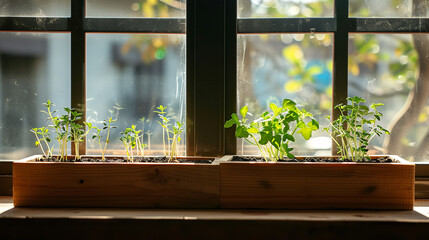 Home gardening. Wooden boxes with seedlings are on the window