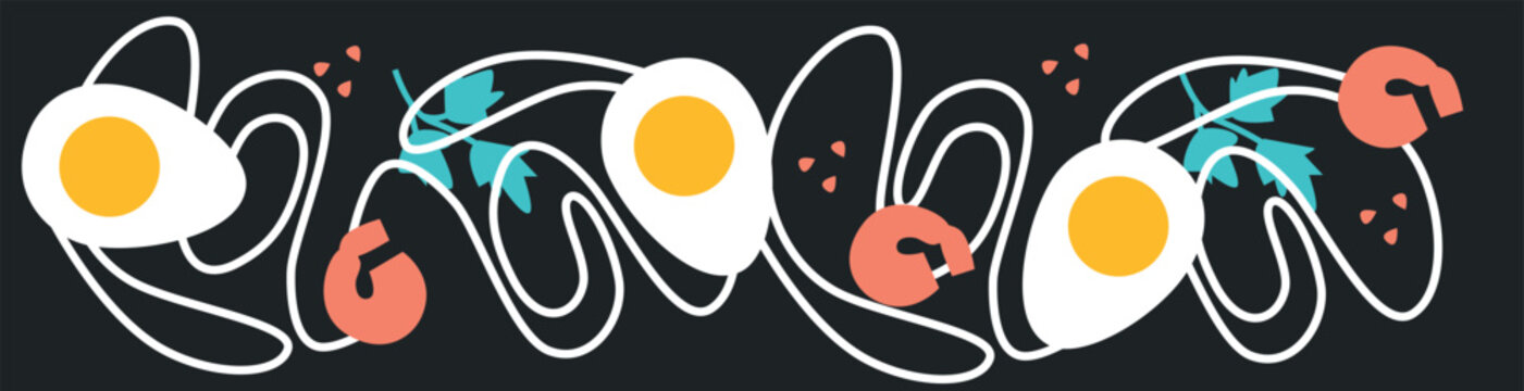 recommend clip art: Abstract appetizing sushi and rolls collection. Decorative abstract horizontal banner with colorful doodles. Hand-drawn modern illustrations with sushi and rolls abstract elements. Asian cuisine