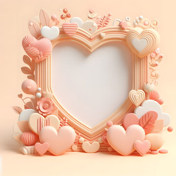 3d Lovely frame with hearts for valentine's day empty space for text Peach Fuzz color background