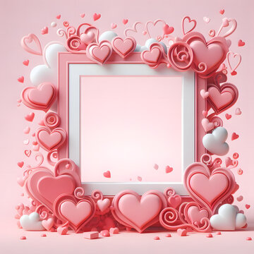 3d Lovely frame with hearts for valentine's day wishes background with empty space pink color