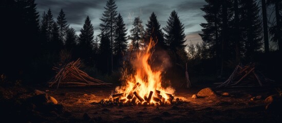 Campfire Blaze in the Forest at Night