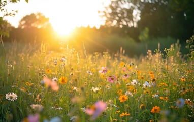 A tranquil scene of a sunlit meadow with wildflowers, portraying the beauty of nature