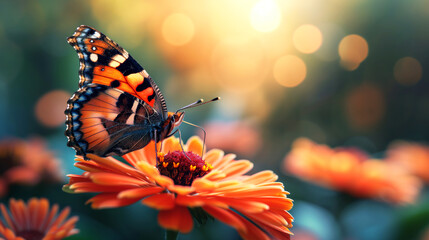 Closeup of a red butterfly sitting on an orange flower 