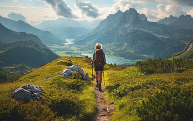 Optimistic travel, A wanderlust-inducing scene of a person exploring a scenic mountain trail, symbolizing the excitement of new adventures - obrazy, fototapety, plakaty