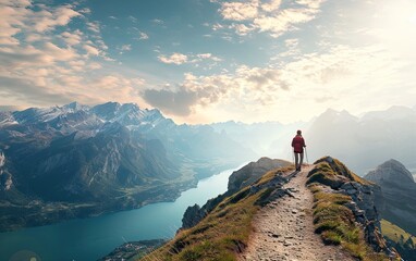 Optimistic travel, A wanderlust-inducing scene of a person exploring a scenic mountain trail, symbolizing the excitement of new adventures