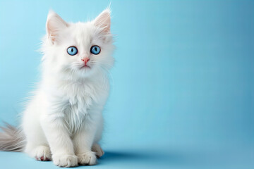 
cute little white angora kitten with blue eyes isolated on a blue background with copy space