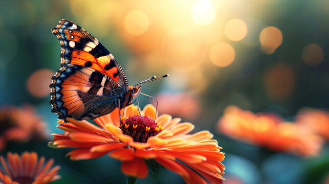 Closeup Of A Red Butterfly Sitting On An Orange Flower 