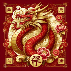 Obraz premium Happy chinese new year the dragon zodiac sign with flower elements red and gold color design