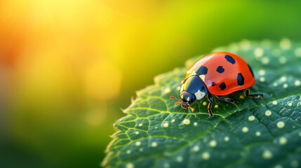 Closeup of a ladybug sitting on a green leaf
