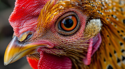 A macro portrait of a chicken, capturing the intricate patterns of its feathers and the striking details of its eyes and beak