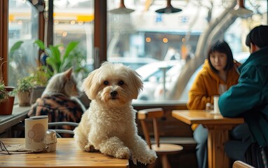 Cute dog sitting on a table in a pet-friendly cafe