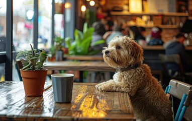 Cute dog sitting on a chair in a pet-friendly cafe