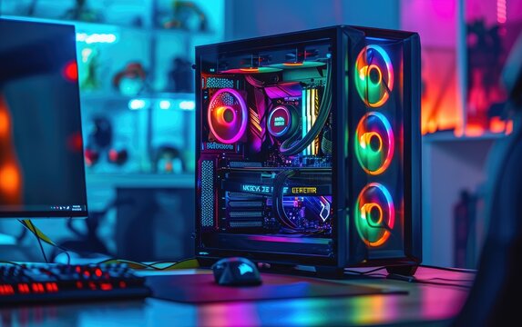 A high-performance gaming PC setup with colorful RGB lighting, emphasizing the enthusiast aspect of PC gaming