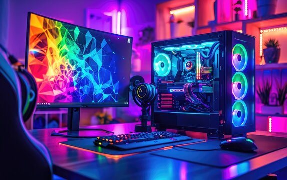 A high-performance gaming PC setup with colorful RGB lighting, emphasizing the enthusiast aspect of PC gaming
