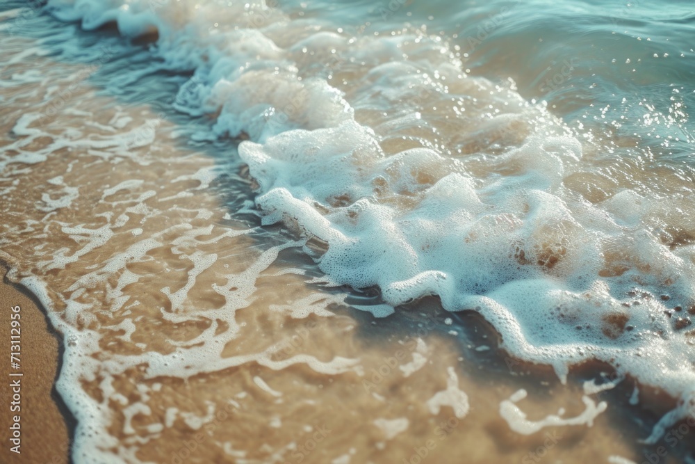 Poster a close-up shot capturing the beauty and power of a wave crashing onto the beach. perfect for illust