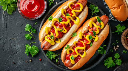 Barbecue grilled hot dog with sausage and yellow mustard with ketchup top view