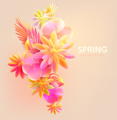 Realistic 3d flowers illustration. Gentle floral composition. Spring vector template. - 713112994