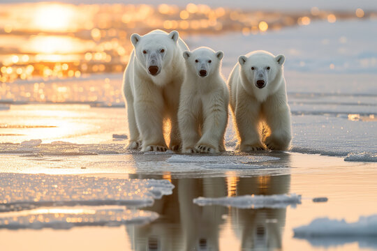 Arctic Wilderness, panoramic shot of a polar bear family on a melting ice cap, cold morning light
