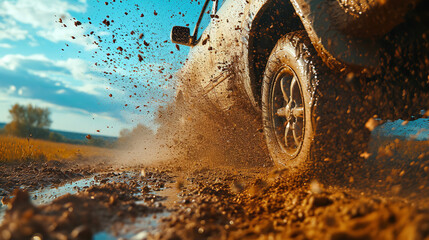 Car wheel on steppe terrain splashing with dirt. Car racing offroad - obrazy, fototapety, plakaty