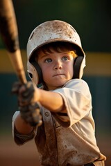 Baseball field. A cute child baseball player hitting the ball