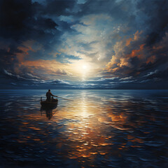 Oil painting of the sea, a boat in shadow, and blue sky with clouds in the sunset.