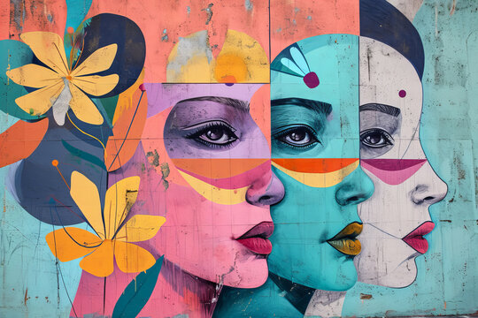 Fototapeta mural street art graffiti on the wall. Abstract pastel color woman faces with flowers .