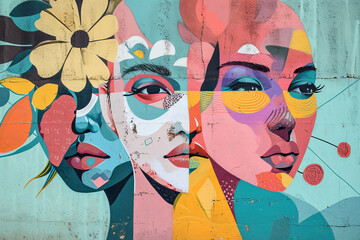 mural street art graffiti on the wall. Abstract pastel color woman faces with flowers .