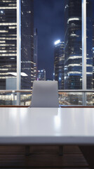 Wooden table bokeh city view background, empty wood desk tabletop counter surface product display mockup with blurry cityscape lights abstract backdrop presentation. Mock up, copy space.