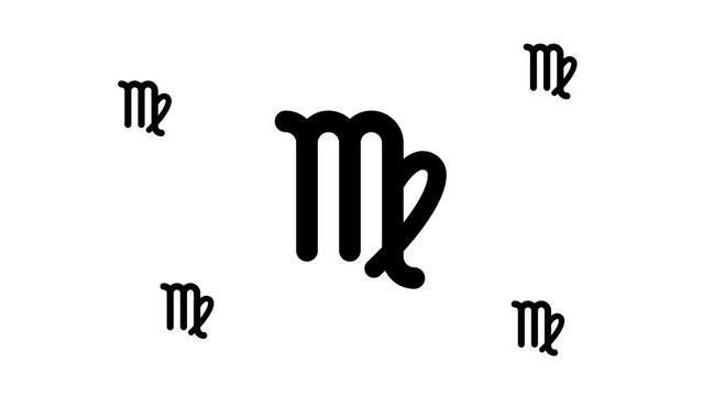 Zoom in and out animation the zodiac virgo symbol. Large black symbol in the center and four small symbols around. Seamless looped 4k animation on white background