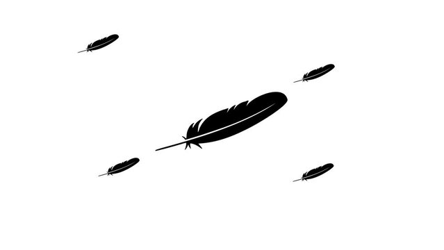 Zoom in and out animation the feather symbol. Large black symbol in the center and four small symbols around. Seamless looped 4k animation on white background