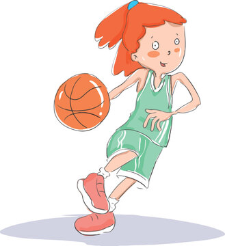 Illustration of a running girl bouncing a basketball.