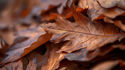 realistic macro photography of stacked dry leaves of different shades, autumn environment