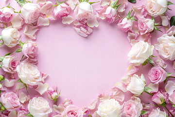 Obraz premium pastel pink light roses border frame in the heart shape and empty white inside